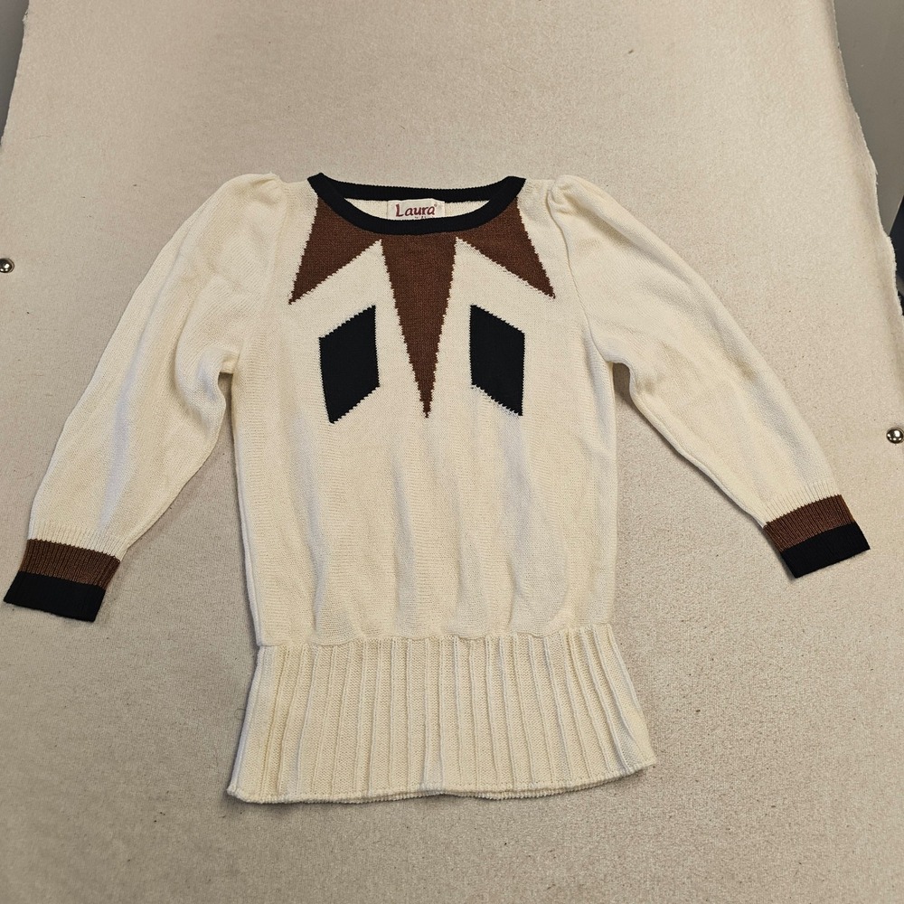 Vintage Laura by Alyzia Womens Cream Geometric Knit Sweater Puff Sleeve USA Made